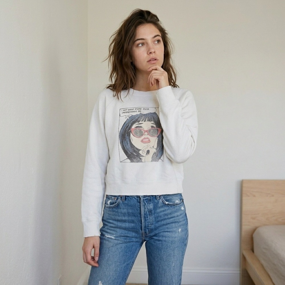 RE/DONE Hanes Womens Sweatshirt Medium White Pizza Graphic Crop Raglan Pop Art